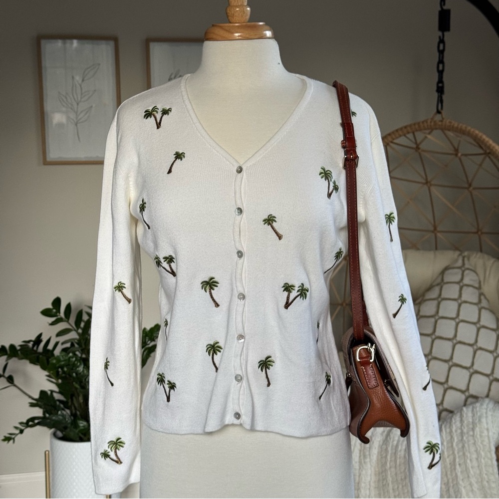 Alexandra Bartlett Palm Tree Embroidered Cotton Cardigan Size S